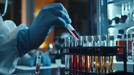 Close-up of a doctor's hand carefully selecting a blood sample tube from a rack, set against the high-tech equipment of a modern laboratory. This moment captures the intersection , AI Generative