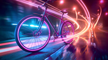 Background With Bicycle, 3d Rendering Of A Bicycle In Neon Light On A Dark Background

