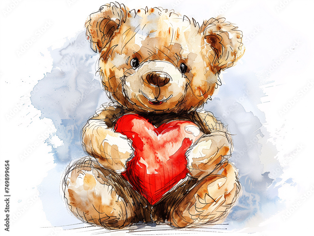 Watercolor Drawing of Cute Toy Teddy Bear with Heart Colorful ...