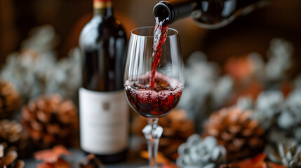 A wine bottle, with its elegant shape and deep red liquid inside, is being poured into a crystal glass, ready to be enjoyed during a romantic dinner. Neural network generated image. Not based on any