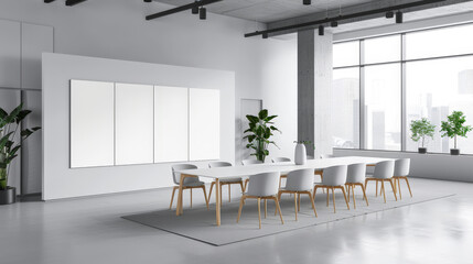 Wall Mural - empty mockup white roll up screen banner in office, empty white banner design