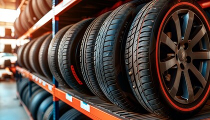 Brand new car tire placed on storage rack in warehouse, automotive industry concept