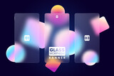 Fototapeta Łazienka - Three transparent text blocks in glassmorphism style. Empty vertical text boxes with glass overlay effect on abstract background. Ideal for infographics, web, presentation. Vector illustration.