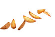 potato wedges levitating after being cut, showcasing the texture and golden-brown color.