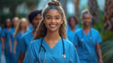 Fototapeta  - Zukunft des Gesundheitswesens: Junge Medizinstudentinnen in Uniform