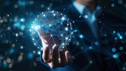 Wall Mural - Businessman touching virtual display to connect digital software of network services. Digital future. Generative AI