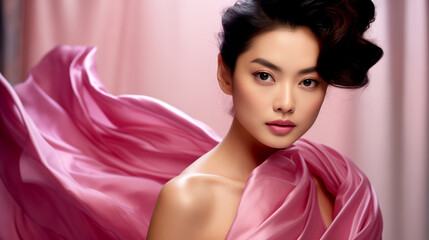 Wall Mural - Close-up of an Asian Woman in a Pink Dress