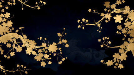 Wall Mural - Horizontal Luxury Image of Elegant Gold Pattern on Black Background in Japanese Style