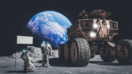 Wall Mural - 3d illustration. An astronaut is dandying the surface of Moon with a probe.