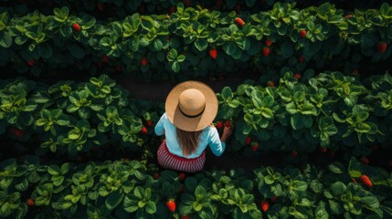Wall Mural - Top view of a farmer woman wearing a straw hat picking ripe strawberries in a field, berry plantation. Summer, Harvest, Organic Natural Products, Agricultural Business concepts.