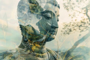 Magha Asanha Visakha Puja Day , Buddha statue , bodhi leaf with double exposure and len flared , soft image and soft focus style - generative ai