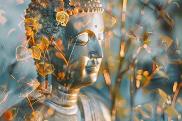 Magha Asanha Visakha Puja Day , Buddha statue , bodhi leaf with double exposure and len flared , soft image and soft focus style - generative ai