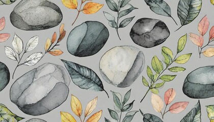 Wall Mural - watercolor stones and hand drawn outline leaves on light grey background seamless pattern modern graphic print