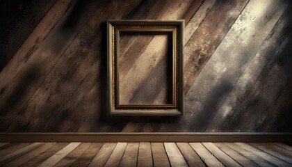 Canvas Print - old wooden picture frame on the wall with wooden floor and wood background