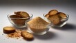 three glass bowls with handful of rusk and little glass bowl with dried bread crumbs isolated on white background
