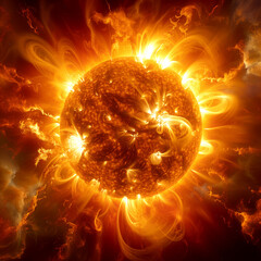 Solar protuberances. Sun in space. Close up of the solar surface with powerful bursting flares and star protuberances erupting with magnetic storms and plasma flashes. Solar activity.