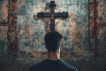 Wall Mural - Christian man praying in front of the cross.	
