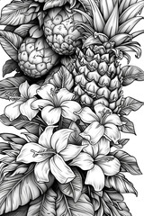 Wall Mural - Coloring book flowers fruit pinepple doodle style black outline. line art floral black and white background