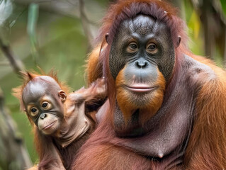 Wall Mural - Mother and baby orangutan share a moment, gazing into the distance.