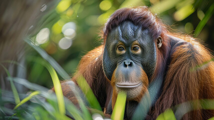 Wall Mural - Orangutan peeking through lush greenery with a thoughtful expression.