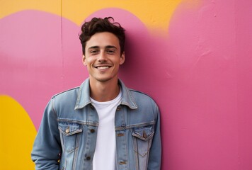 Wall Mural - a young smiling man standing against pink walls wearing a denim jacket