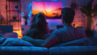 © Ellionn - Romantic couple watch tv together at home. Modern television. Cozy living room interior background. Cute happy people enjoy interesting movie back view. Online cinema concept. Fun evening leisure.