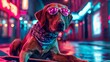 A dog as a loyal 80s skateboarder bandana tied around the head cruising down neonlit streets