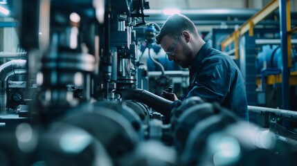 Poster - Engineer adjusting machinery in factory