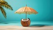Tropical beach concept made of coconut fruit and sun umbrella and sea maldive. Creative minimal summer idea. 