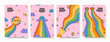 Set of groovy posters for Pride Month. Vector flyers with retro rainbow flag colored elements. Symbols of Pride Month with LGBTQ Flag Colours. Gay parade groovy celebration. Vector illustration.