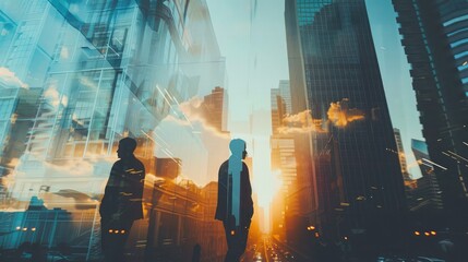 Poster - Silhouettes of business people working at corporate office in downtown. Work hard and business development concept. Double exposure