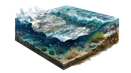 Isometric blue ocean with waves, surfing background. deep sea view with ocean surface and under water view. 