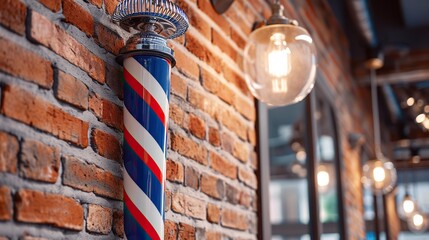 a brick wall marked with a barber's sign