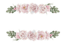 Horizontal Frame Of Pink Rose Hip Flowers With Leaves, Victorian Style. Floral Watercolor Illustration
