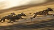 Three dogs racing at high speed, showcasing movement and agility in natural lighting.