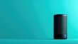 A sleek smart speaker stands against a vibrant turquoise backdrop, illustrating modern technology in a minimalist style