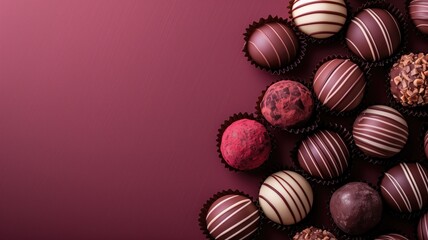 Wall Mural - A luxurious array of chocolate truffles elegantly arranged on a burgundy background, evoking indulgence and gourmet taste