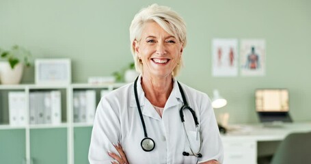 Sticker - Smile, crossed arms and face of senior doctor in office at hospital with pride and confidence. Happy, professional and portrait of woman healthcare worker with positive attitude in medical clinic.