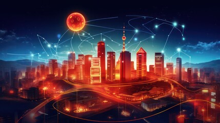 Illustration of smart city and technology light, internet speed with skyscrapers background.