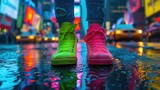A close-up of a person standing on a vibrant, urban street, wearing two distinctly different colored shoes, one neon green and the other bright pink, showcasing their bold and unique fashion choice