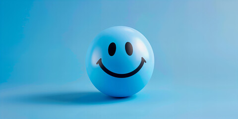 Happy face emoji on a blue background. Business concept banner with copy space. Symbolizing negativity and bad mood.