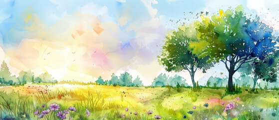 Wall Mural - a painting of a field with two trees and a sky