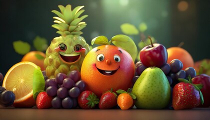 various happy and smiling fruit cartoon characters