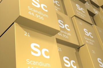 Wall Mural - Scandium, 3D rendering background of cubes of symbols of the elements of the periodic table, atomic number, atomic weight, name and symbol. Education, science and technology. 3D illustration
