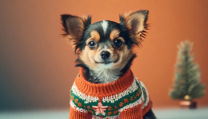 Wall Mural - a charming small dog adorns a christmas sweater on an orange backdrop