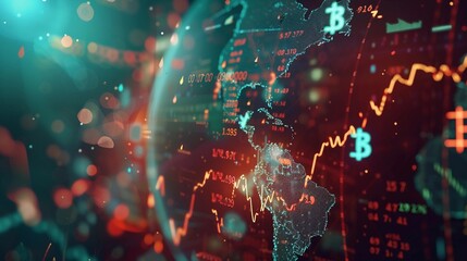 Wall Mural - dynamic scene with global financial markets in motion, with currency symbols, stock tickers, and eco