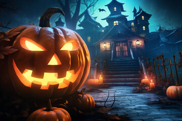 Wall Mural - halloween pumpkin outdoors scary mystery house, halloween celebration, scary