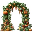 big arch made of small vegetables like pumpkin, pea pods, carrots and potatos