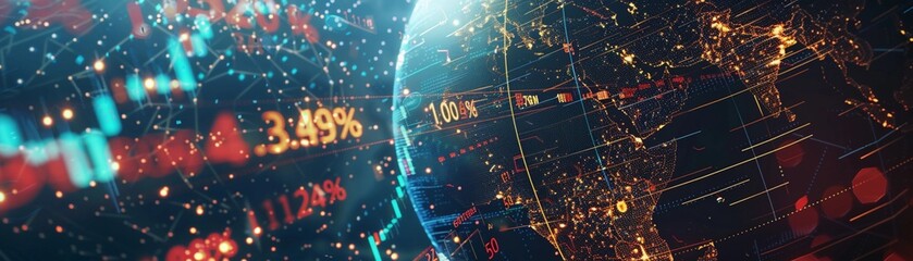 Wall Mural - dynamic scene with global financial markets in motion, with currency symbols, stock tickers, and eco