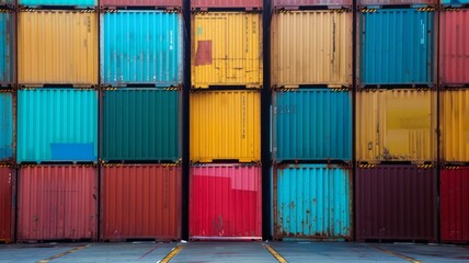 Poster - Stacked cargo containers at a port, awaiting shipment or storage, representing international trade and logistics.